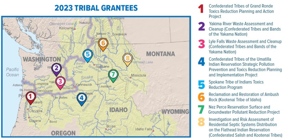 Map showing the approximate location of the eight 2023 tribal grant projects awarded in the Columbia River Basin in Idaho, Montana, Oregon, and Washington.