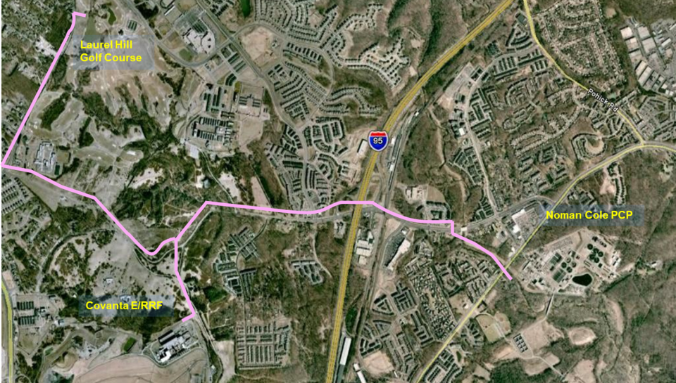 The figure is a map of the reuse project area and shows where a pipeline has been constructed to deliver reuse water to end users. The pipeline transports reuse water from the Noman Cole Pollution Control Plant to the Covanta Energy Resource Recovery Facility and Laurel Hill Golf Course for reuse.