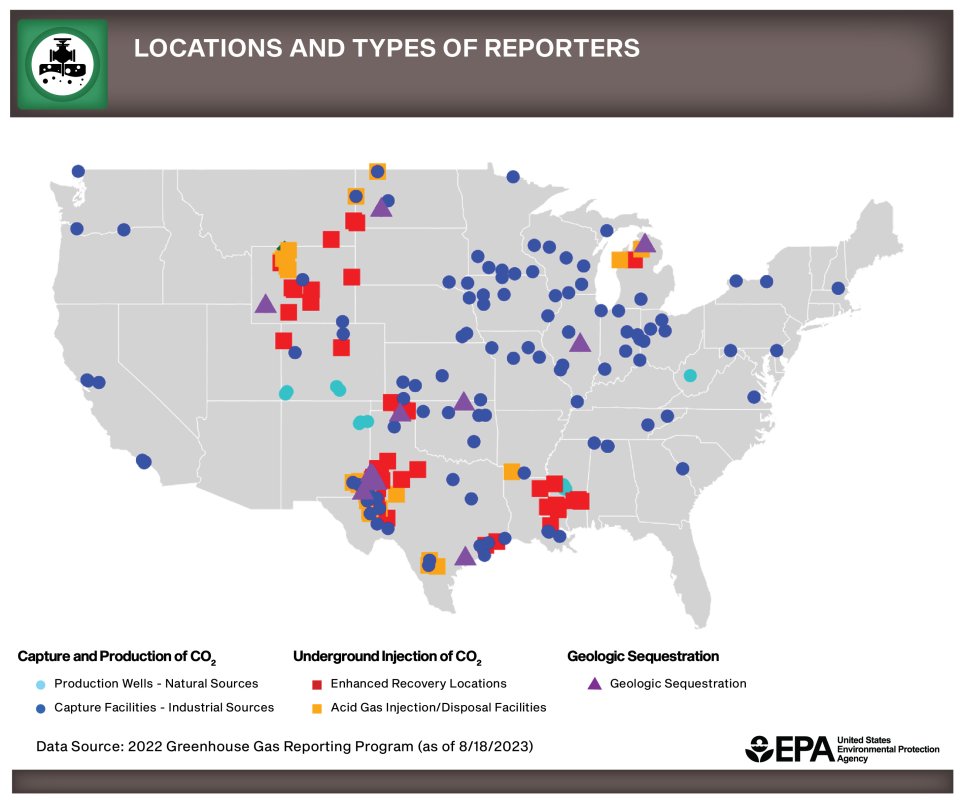 U.S. map marking locations of facilities that capture or produce CO2 or inject it underground