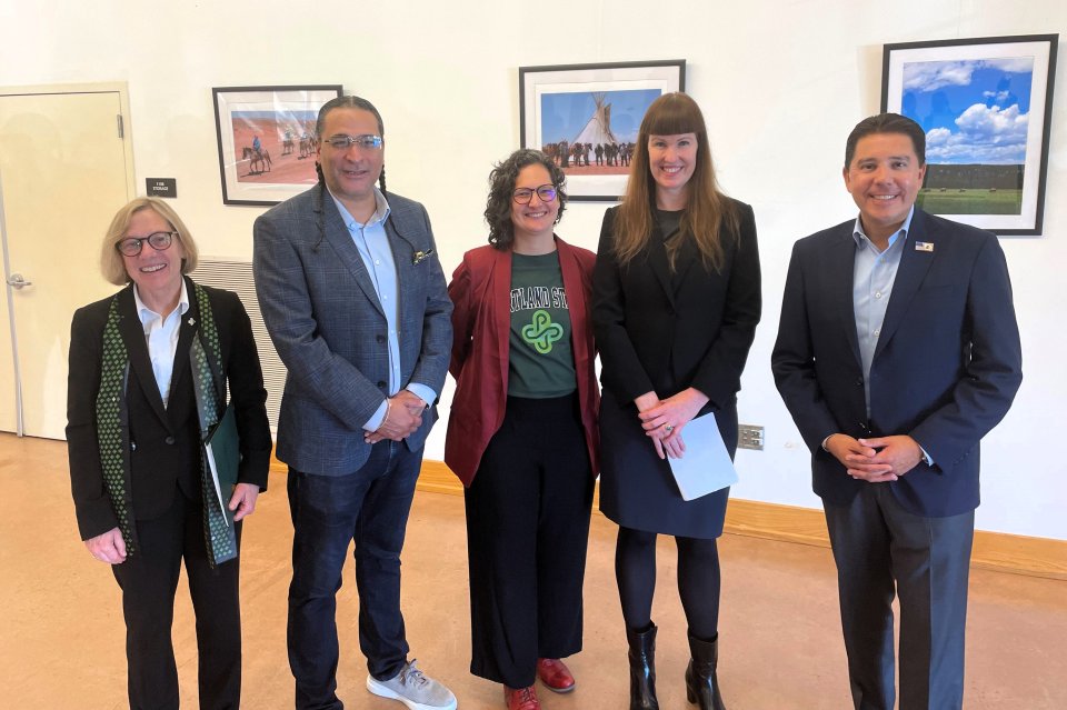 From left to right: Portland State University President Ann Cudd, Northwest Native Chamber Executive Director James Parker, PSU Community Environmental Services Director Christa McDermott, EPA Deputy Assistant Administrator for Pollution Prevention Jennie Romer and EPA Region 10 Administrator Casey Sixkiller. 