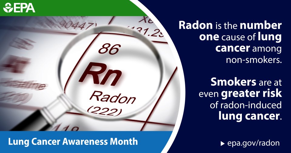 periodic table showing radon with text radon is the number one cause of lung cancer among non-smokers