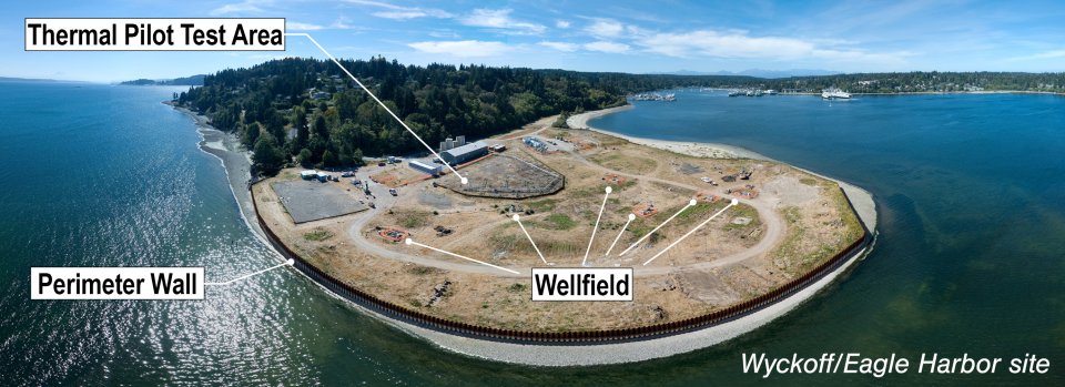 Aerial view of former Wyckoff process area with labels identifying the locations of the wellfield, perimeter wall, and thermal pilot test area.