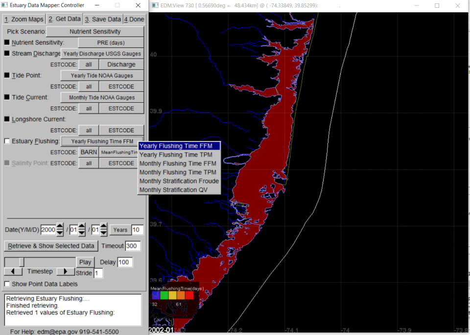 Estuary Data Mapper screenshot of Estuary Flushing submenu selections