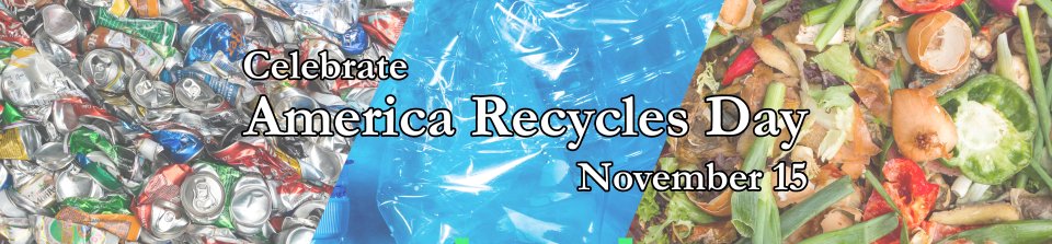 This is a banner image picturing three separate pictures put together in a trifold manner. From left to right the pictures depict 1. crushed tin cans ready to be recycled, 2. plastic bottles, and 3. decaying vegetables atop a compost pile.
