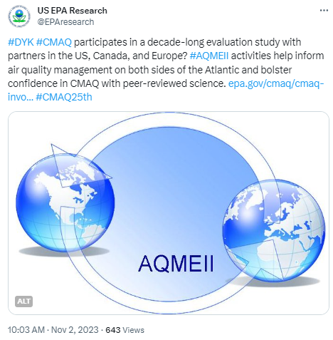 Image shows graphic identifier for the Air Quality Model Evaluation International Initiative (AQMEII), a decade-long evaluation study among researchers in U.S., Canada, and Europe. Image shows on the left the globe rotated to focus on North America juxtaposed with an image on the right of the globe rotated to focus on Europe. Arrows connecting the two globe images depict a feedback loop, and the project name, AQMEII, is in the center of the image. Image is in shades of blue with white.
