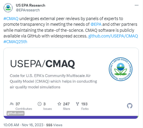 The tweet highlights the transparency and accessibility of the CMAQ system via peer review and open source on GitHub.