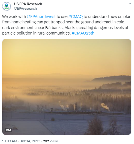 Photograph of twilight ice fog encompassing the valleys of Alaska. Photo credit: Geophysical Institute, University of Alaska Fairbanks.