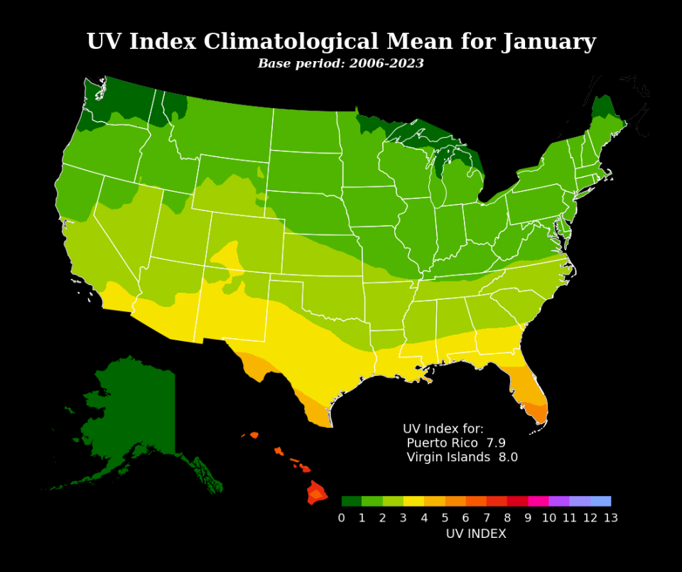 UV Index Climatological Mean for January 2006-2023