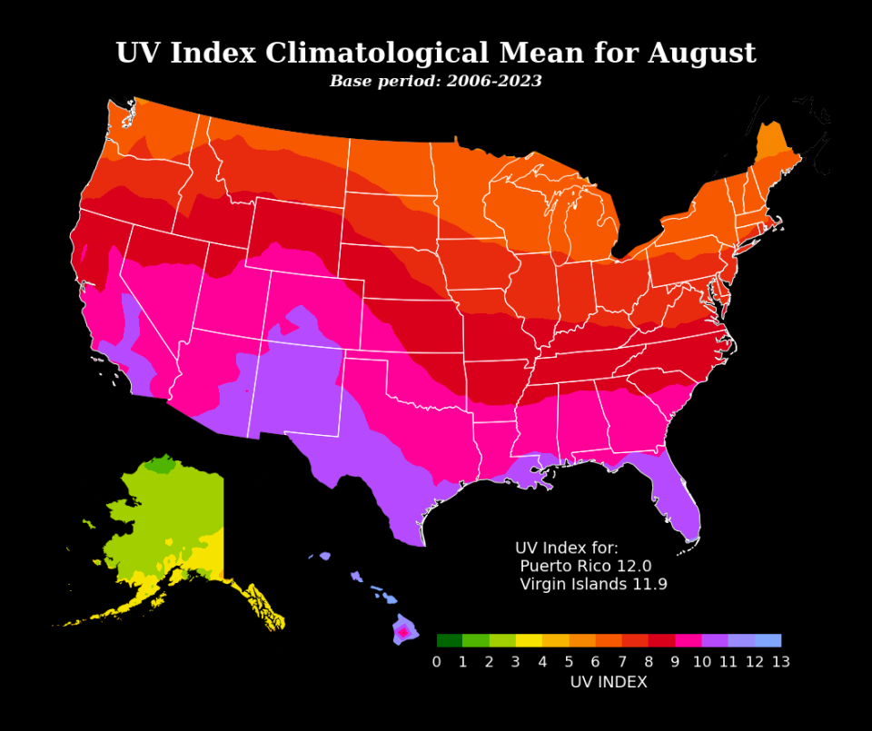 UV Index Climatological Mean for August 2006-2023