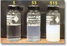 A photo of three vials containing liquids of varying clarity. One vial has clear liquid in it, the second vial has liquid of a higher turbidity, and the third vial has liquid of an even higher turbidity.
