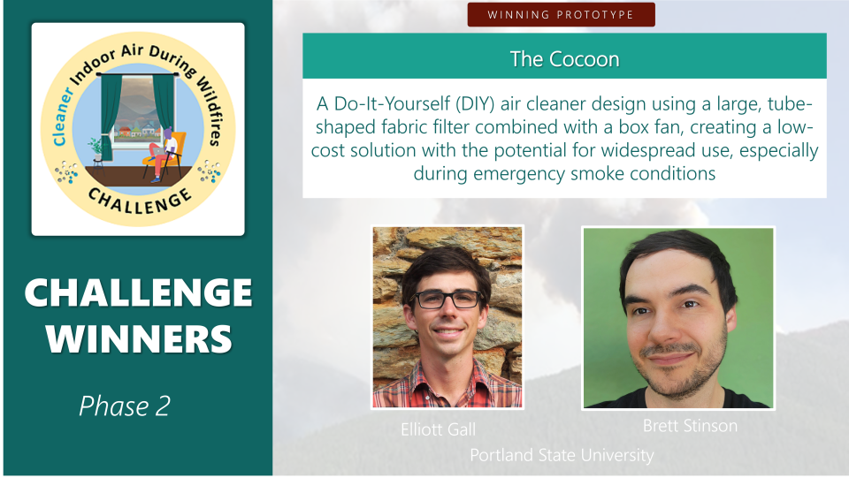 Description of one of the winning prototypes and the winners’ names and affiliations. Description: A Do-It-Yourself (DIY) air cleaner design using a large, tube-shaped fabric filter combined with a box fan, creating a low-cost solution with the potential for widespread use, especially during emergency smoke conditions. Winners: Elliott Gall and Brett Stinson from Portland State University.