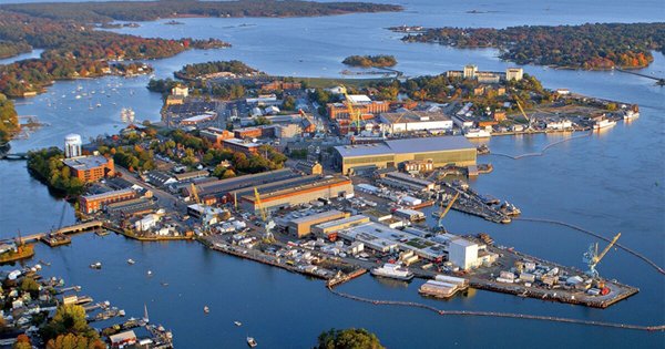 Aerial view of Portsmouth Naval Shipyard in Kittery, Maine