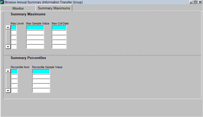 Screenshot of the summary maximums tab in AQS