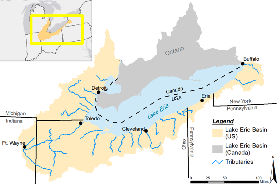 Lake Erie Watershed. Source: EPA. Alt text. The Lake Erie watershed encompasses two countries, five U.S. states, more than ten thousand square miles of farmland, and the urban centers of Ft. Wayne, Detroit, Toledo, Cleveland, Erie, and Buffalo.