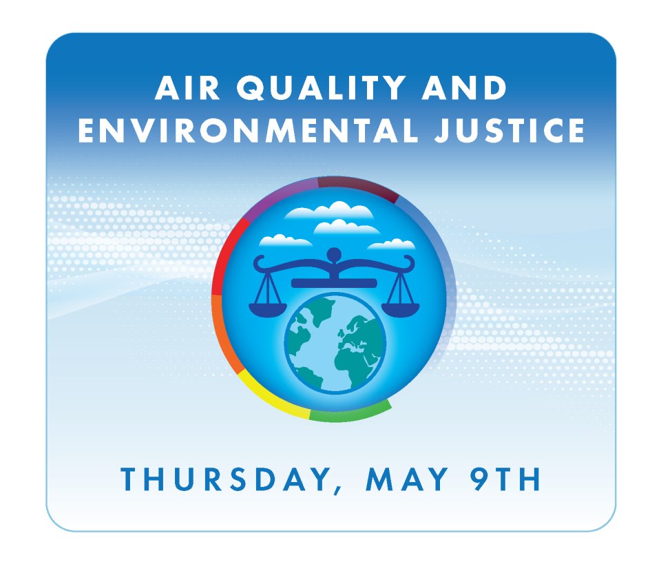 Logo for Thursday of AQAW 2024. The theme “Air Quality and Environmental Justice” is depicted with an image of scales balancing in the sky over an image of the Earth.