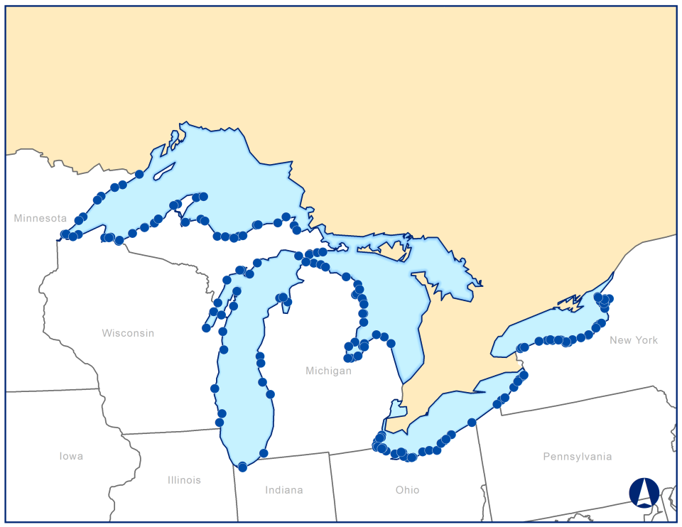 Map of great lakes and surrounding states showing sampling locations for 2020 Great Lakes Fish Tissue Study