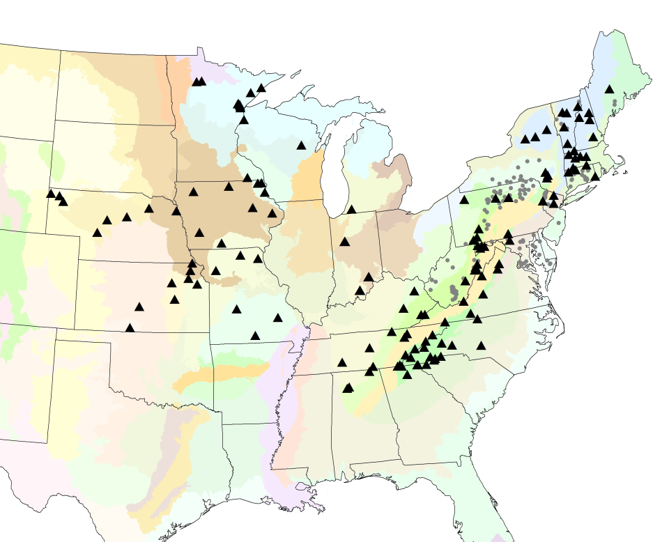Figure 1. The black triangles show locations of primary Stream RMN sites and grey circles show secondary sites as of 5/31/2024. Stream RMN sampling efforts began in EPA Region 1 in the Northeast in 2012, followed by EPA Region 4 in the Southeast in 2013, EPA Regions 2 and 3 in the Mid-Atlantic in 2014, and EPA Region 5 in the Midwest in 2016-2017.