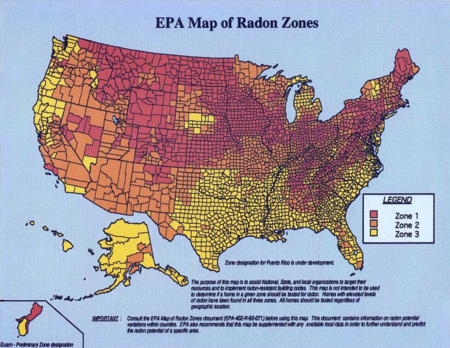 The EPA Map of Radon Zones helps national, state, and local organizations implement radon-resistant building codes. All homes should be tested for radon.