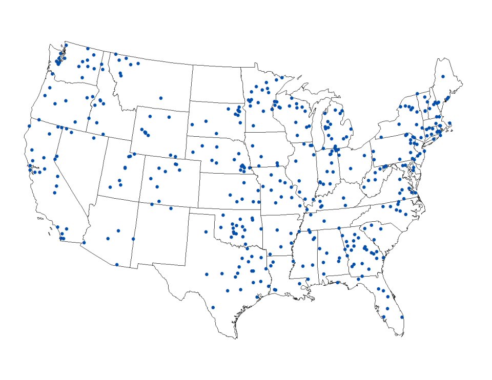 Map of the 48 contiguous United States with 413 points showing the locations of sampled lakes for the 2022 National Lakes Assessment Human Health Fish Fillet Tissue Study. Each lake name and location, provided as Lat/Long coordinates, is available in each downloadable Excel data file on this webpage.