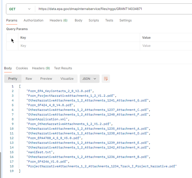 output of grants API query in Postman