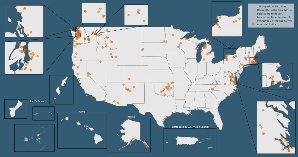 This map of the United States and its territories shows the locations of 200 Superfund sites with Tribal involvement. 