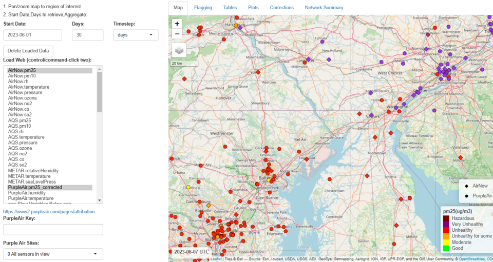 Screenshot of the Air Sensor Network Analysis Tool (ASNAT), showing a map of the network of sensors around the Washington DC – Baltimore – Philadelphia region in June 2023.