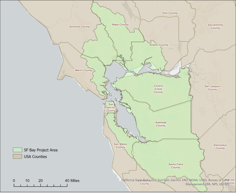 Map of the San Francisco Bay Area with nine (9) counties highlighted as being in the SF Bay Project Area, including the counties of: Marin, Sonoma, Napa, Solano, Contra Costa, Alameda, Santa Clara, San Mateo, and San Francisco.