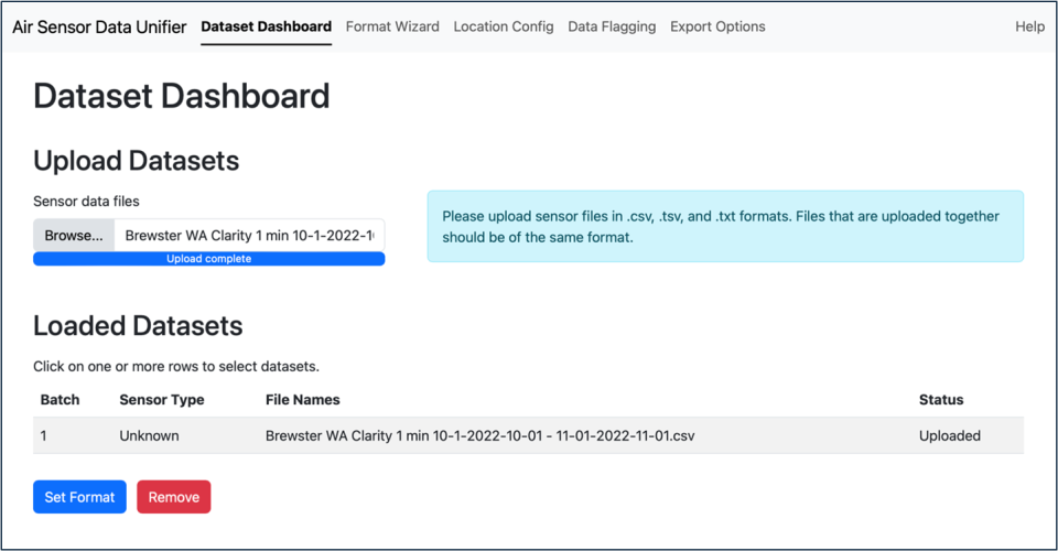 Screenshot of the Air Sensor Data Unifier showing the dataset dashboards where users can load their air sensor data to start the reformatting process.