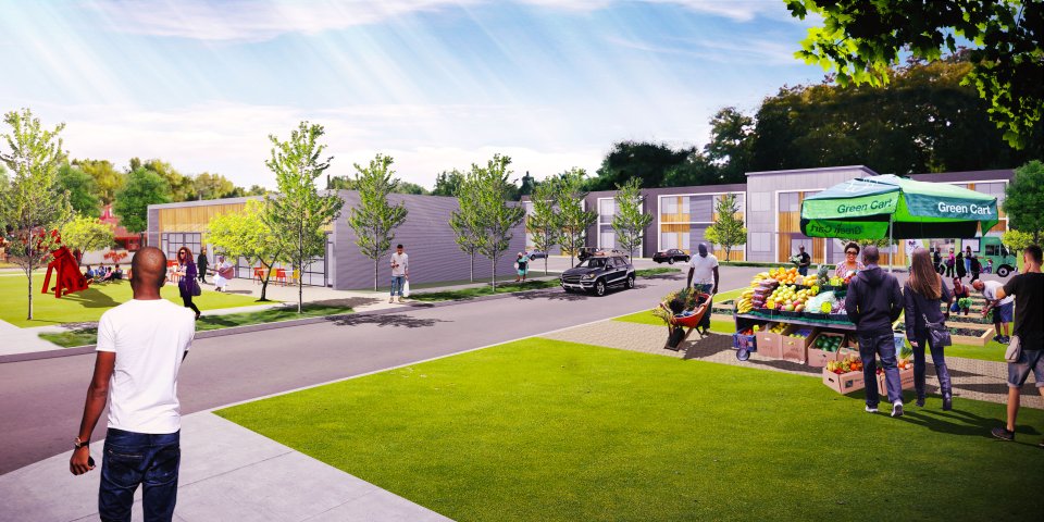 A rendering from the planning phase reflecting the community-driven design process where senior housing was prioritized.