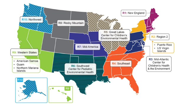 Map of the U.S. and the 10 PEHSU regions. The Region 1 PEHSU covers New England; the Region 2 PEHSU covers New York, NJ, Puerto Rico, and US Virgin Islands; Region 3 PEHSU covers the Mid-Atlantic Region; Region 4 PEHSU covers the southeast; the Region 5 PEHSU covers Illinois, Indiana, Michigan, Minnesota, Ohio, Wisconsin; the Region 6 PEHSU covers the southwest; the Region 7 PEHSU covers Iowa, Kansas, Missouri, Nebraska; the Region 8 PEHSU covers Colorado, Montana, North Dakota, South Dakota, Utah, Wyoming;