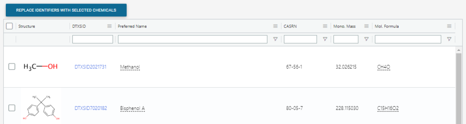 Selecting “Display All Chemicals” in Step 2 shows a list of results from the search. 