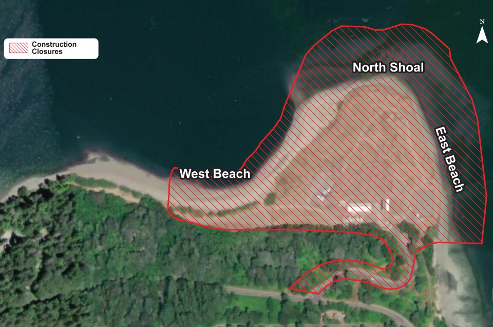 Aerial view of site with red crosshatch overlay showing restricted areas.