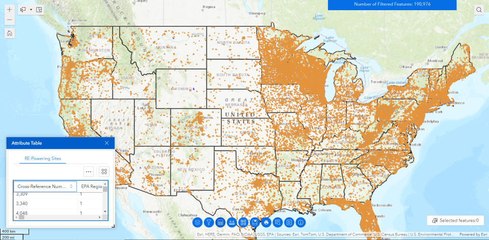 Sample screenshot of the re-powering mapper with the attributes table opened.