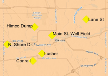Map identifying 6 sites located in Elkhart Indiana