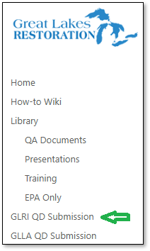 Great Lakes Restoration Resources menu with "GLRI QD Submission" located as the eight item in list order.