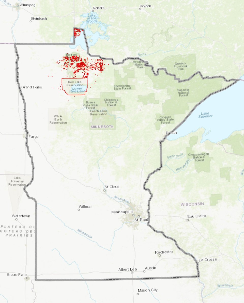 Map of northern Minnesota showing the location of the Red Lake Reservation