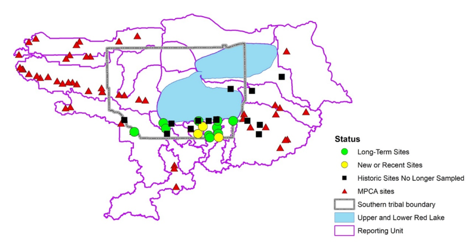 Tribal monitoring sites south of Lower Red Lake include 13 historical and 14 active sites