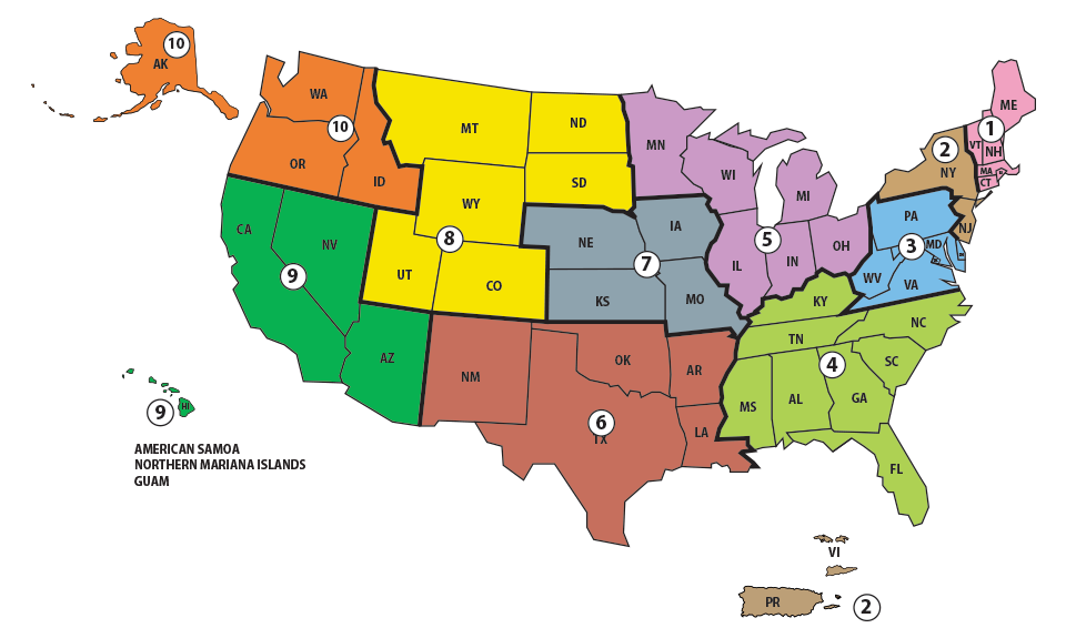 map showing how the US is divided into ten EPA regional offices. 