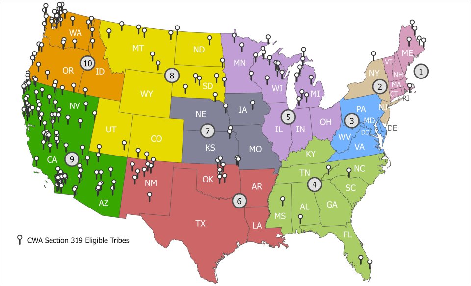 Map showing contiguous US with locations of Tribes eligible for the CWA Section 319 program.
