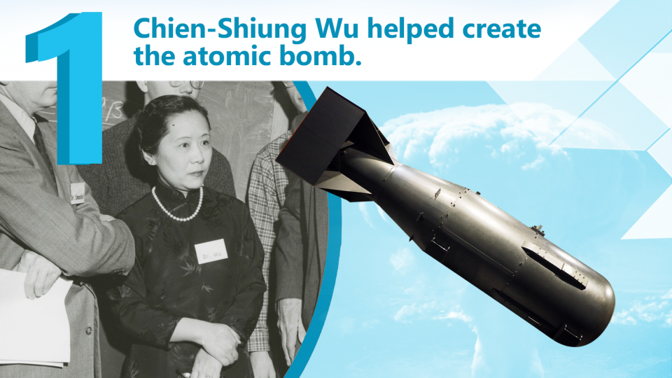 Wu next to a picture of the atomic bomb