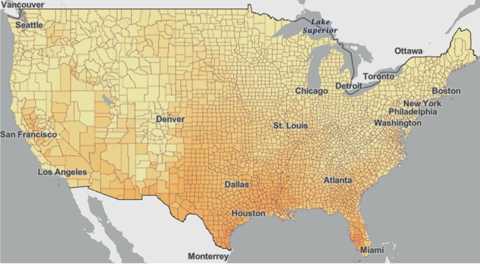 Map Depicting the Change in the Number of Days Over 95° F, Increase of 2.7° F