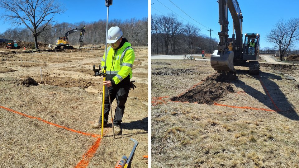 A pair of photos showing a person in PPE surveying the rectangular test beds, marked with orange ground paint, and an excavator removing the soil from within the marked bounds.