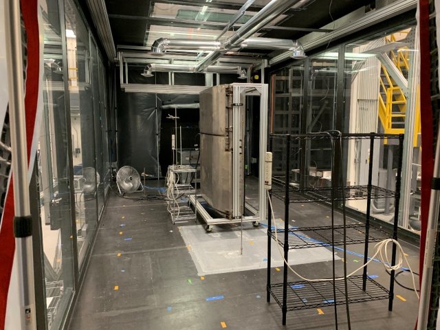 Figure 2. Location of the Knorr 3-Stage Air Filtration and Purification System in the middle of chamber during testing.