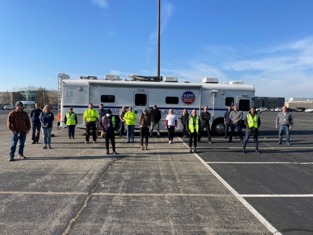 Some EPA team members in Benton Harbor, Michigan in front of the mobile command post.