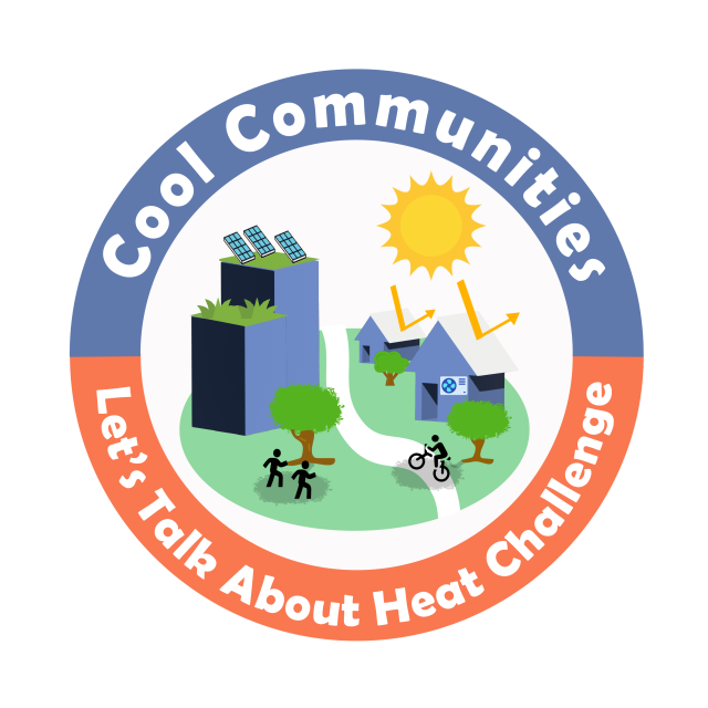 Let's Talk About Heat Challenge icon showing buildings and trees with people trying to keep cool.