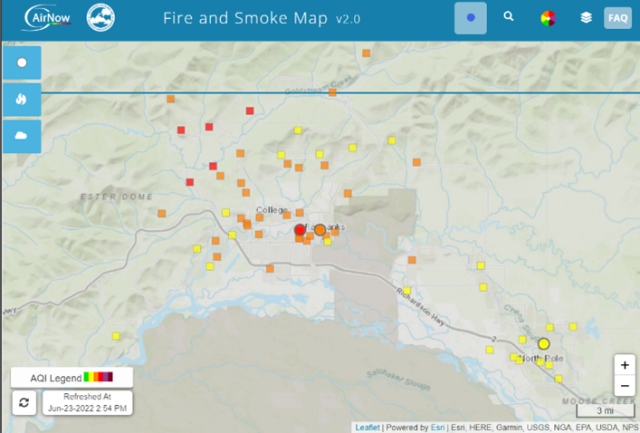The AirNow Fire and Smoke Map showing the national network of PurpleAir sensors reporting air quality data.