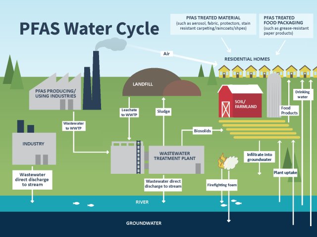 Graphic flowchart of PFAS water cycle from the products into the groundwater and into food products