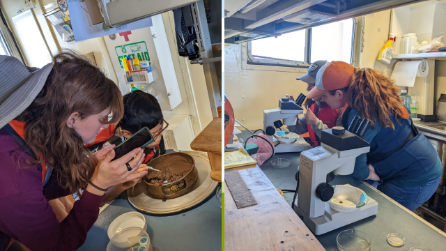 Students pictured looking through microscopes and study a pan of sediment in the science lab of the ship.