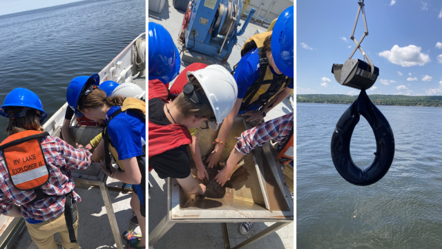 Students reach their hands into a basin of sediment in two photos. Third photo shows tire innertube being lifted from water.