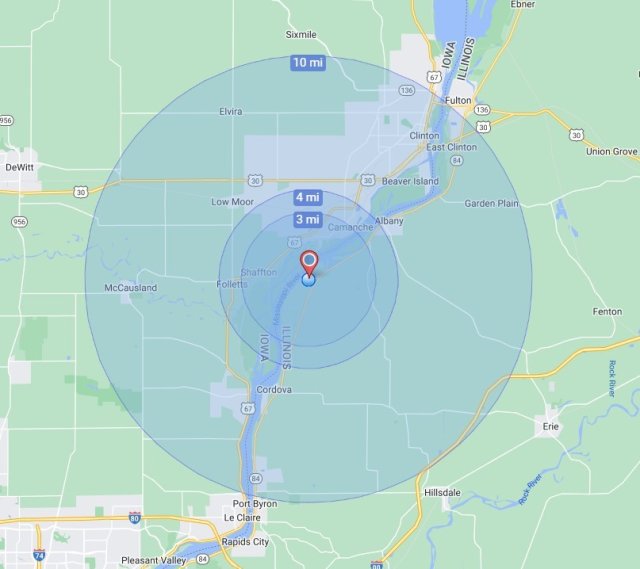 Map image of 3 mile radius around 3M Cordova facility with a red dot in the center where the facility is located.